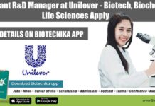 Assistant R&D Manager at Unilever – Biotech, Biochem & Life Sciences Apply Assistant R&D Manager