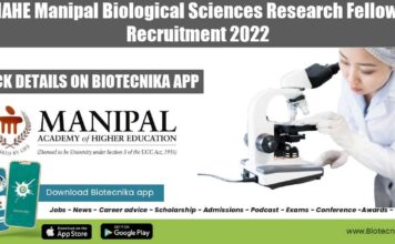 MAHE Manipal Biological Sciences Research Fellows Recruitment 2022 MAHE Manipal Biological Sciences