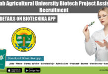 Punjab Agricultural University Biotech Project Assistant Recruitment PAU Biotech Project Assistant Jobs