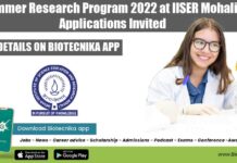 Summer Research Program 2022 at IISER Mohali – Applications Invited Summer Research Program 2022