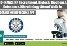 DRDO-INMAS JRF Recruitment, Biotech, Biochem, Life Sciences & Microbiology Attend Walk-In DRDO-INMAS JRF Recruitment