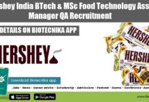 Hershey India BTech & MSc Food Technology Asst. Manager QA Recruitment Hershey India Food Tech