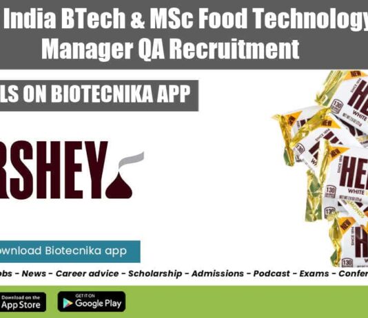 Hershey India BTech & MSc Food Technology Asst. Manager QA Recruitment Hershey India Food Tech