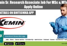 Kemin Sr. Research Associate Job For MSc & MTech, Apply Online Kemin Sr Research Associate