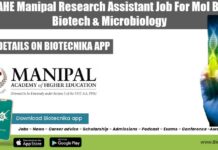 MAHE Manipal Research Assistant Job For Mol Bio, Biotech & Microbiology MAHE Manipal Research Project