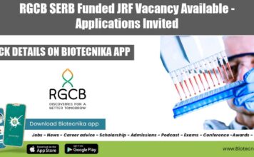 RGCB SERB Funded JRF Vacancy Available – Applications Invited RGCB Latest JRF Job