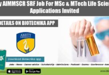 Amity AIMMSCR SRF Job For MSc & MTech Life Sciences, Applications Invited Amity Job 2022