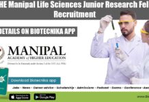 MAHE Manipal Life Sciences Junior Research Fellow Recruitment MAHE JRF Job 2022
