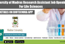University of Madras Research Assistant Job Opening For Life Sciences Madras University Research Assistant