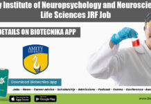 Amity Institute of Neuropsychology and Neurosciences Life Sciences JRF Job Amity University JRF Opening