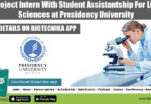 Project Intern With Student Assistantship For Life Sciences at Presidency University Life Sciences Project Internship