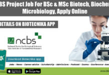 NCBS Project Job For BSc & MSc Biotech, Biochem & Microbiology, Apply Online NCBS Project Vacancy 2022