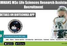 NIMHANS MSc Life Sciences Research Assistant Recruitment NIMHANS Research Vacancy Opening