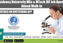 Presidency University MSc & MTech JRF Job Opening, Attend Walk-In Presidency University JRF 2022
