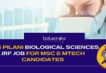 BITS Pilani Biological Sciences JRF Job For MSc & MTech Candidates BITS Pilani Research Post