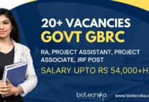 Govt GBRC 20+ Vacancies For RA, Project Assistant, Project Associate, JRF Post – Salary Upto Rs 54,000+HRA Latest JRF Research Jobs