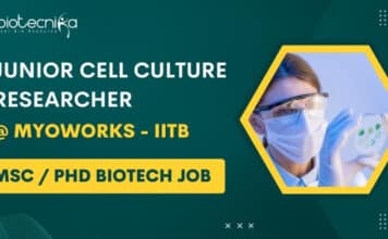 Junior Cell Culture Researcher @ Myoworks – IITB – Msc / PhD Biotech Apply Online Msc Biotech Job at Myoworks
