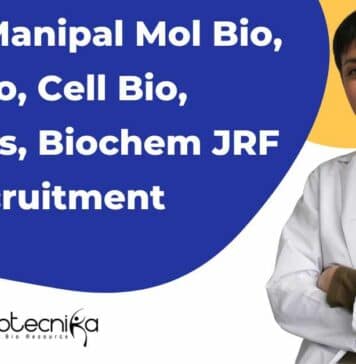 MAHE Manipal Mol Bio, Microbio, Cell Bio, Genetics, Biochem JRF Job Recruitment MAHE Research Fellow Job