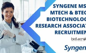 Syngene MSc, MTech & BTech Biotechnology Research Associate Recruitment Syngene Biotechnology Associate Job