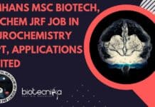 NIMHANS MSc Biotech, Biochem JRF Job In Neurochemistry Dept, Applications Invited NIMHANS MSc Biochem JRF