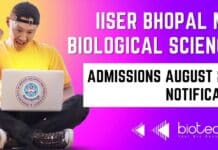 IISER Bhopal MSc Biological Sciences Admissions August 2023 Notification IISER Bhopal MSc Admission