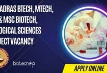 IIT Madras BTech, MTech, BSc & MSc Biotech, Biological Sciences Project Vacancy IIT Madras BTech