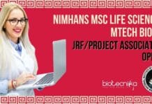 NIMHANS MSc Life Sciences & MTech Biotech JRF/Project Associate Job Opening NIMHANS Research Opening 2023