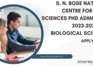 SNBNCBS PhD Admission 2023-2024