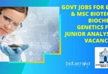 Govt Jobs For BSc & MSc Biotech, Biochem, Genetics For Junior Analysts Vacancies Govt Jobs For BSc