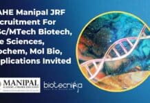 MAHE Manipal JRF Recruitment For MSc/MTech Biotech, Life Sciences, Biochem, Mol Bio, Applications Invited MAHE JRF Recruitment