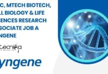 MSc, MTech Biotech, Cell Biology & Life Sciences Research Associate Job a Syngene Syngene Research Associate Job