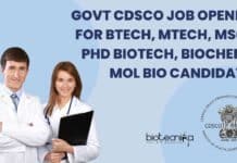 Govt CDSCO Job Opening For BTech, MTech, MSc & PhD Biotech, Biochem & Mol Bio Candidates CDSCO Job Opening BTech