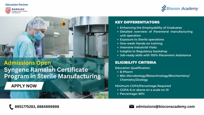 Syngene Ramaiah Certificate Program in Sterile Manufacturing for Graduate Students