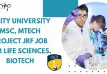 Amity University MSc, MTech Project JRF Job For Life Sciences, Biotech Amity University MSc MTech