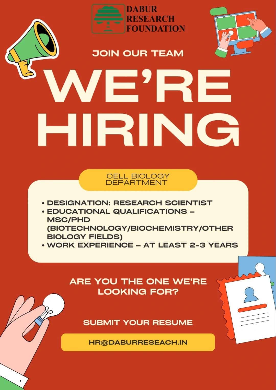 Dabur Research Foundation Jobs - MSc, PhD Biotech, Biochem, Biology Apply