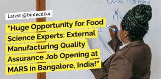 "Huge Opportunity for Food Science Experts: External Manufacturing Quality Assurance Job Opening at MARS in Bangalore, India!"