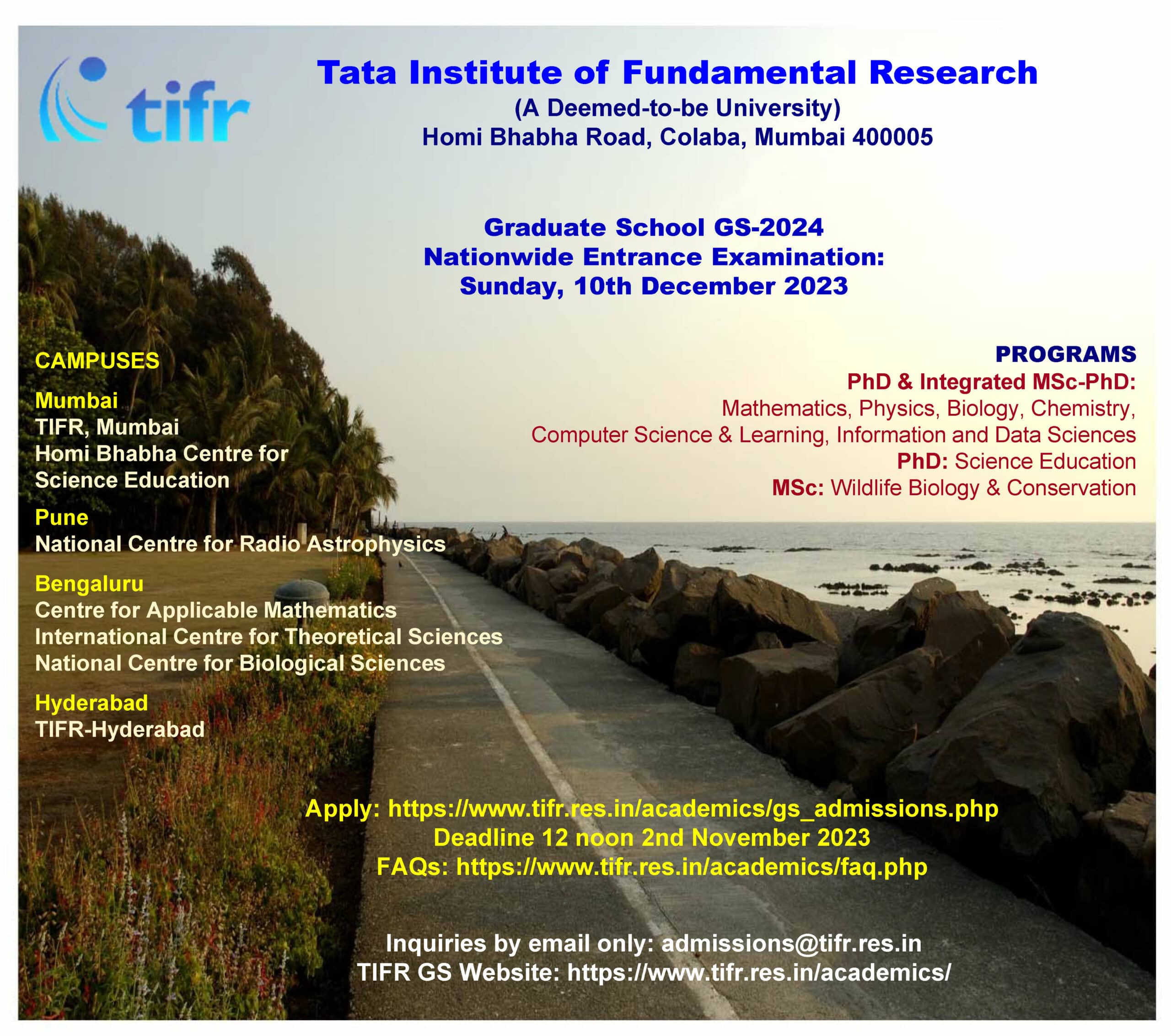 TIFR GS2024 Exam Alert For MSc / Int.PhD / PhD Admissions
