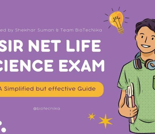 Biotecnika banner with title ‘CSIR NET Life Science Exam – A Simplified but Effective Guide’, showing a student holding books and a pipette, on a purple background with science icons