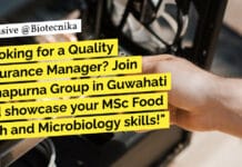 "Looking for a Quality Assurance Manager? Join Annapurna Group in Guwahati and showcase your MSc Food Tech and Microbiology skills!"