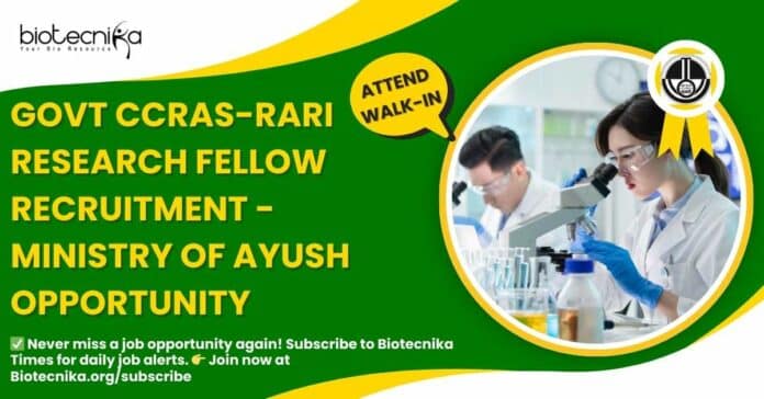 Govt CCRAS-RARI Research Fellow Recruitment - Ministry of AYUSH Opportunity