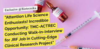 "Attention Life Science Enthusiasts! Incredible Opportunity: TMC-ACTREC Conducting Walk-In-Interview for JRF Job in Cutting-Edge Clinical Research Project"