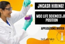 JNCASR Hiring MSc Life Sciences