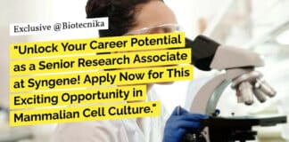 "Unlock Your Career Potential as a Senior Research Associate at Syngene! Apply Now for This Exciting Opportunity in Mammalian Cell Culture."