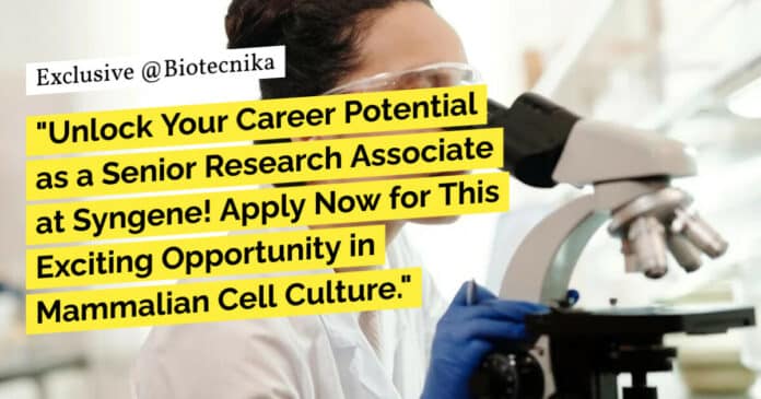 "Unlock Your Career Potential as a Senior Research Associate at Syngene! Apply Now for This Exciting Opportunity in Mammalian Cell Culture."
