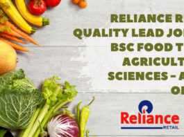 Reliance Retail Quality Lead Job For BSc Food Tech & Agricultural Sciences – Apply Online Reliance Retail Quality Lead Job
