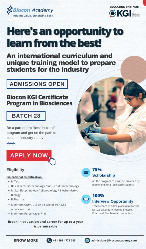 Biocon Batch 28 KGI Certificate Program in Biosciences Admissions Open