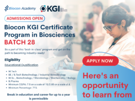 Biocon Batch 28 KGI Certificate Program in Biosciences