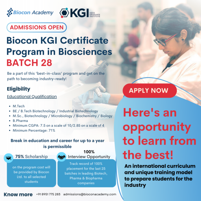 Biocon Batch 28 KGI Certificate Program in Biosciences