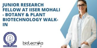 Junior Research Fellow at IISER Mohali - Botany & Plant Biotechnology Walk-In