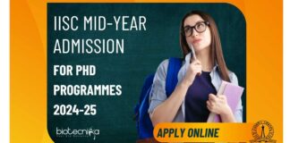 IISc Mid-Year Admission 2024-25